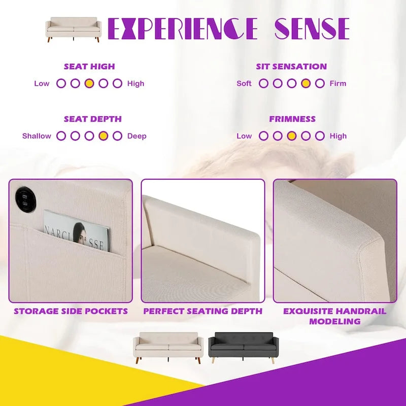 Causeuse de 165 cm avec 2 ports de charge USB