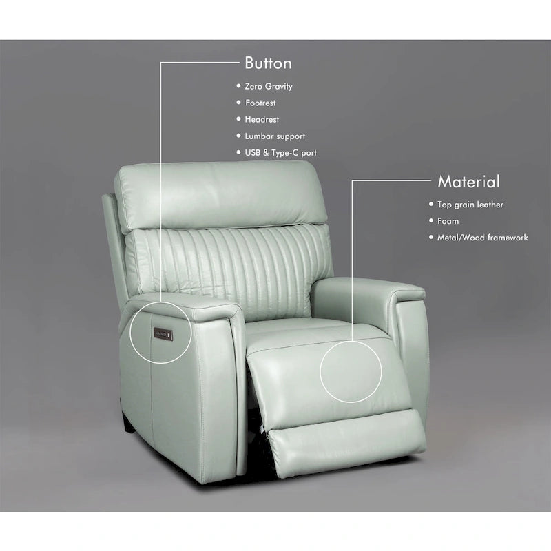 Fauteuil inclinable électrique en cuir avec appuie-tête et support lombaire électriques, port USB et USB-C