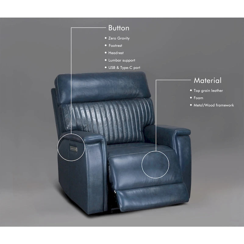 Fauteuil inclinable électrique en cuir avec appuie-tête et support lombaire électriques, port USB et USB-C