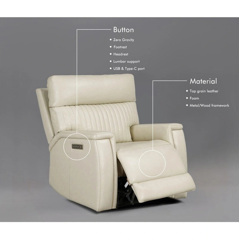 Fauteuil inclinable électrique en cuir avec appuie-tête et support lombaire électriques, port USB et USB-C