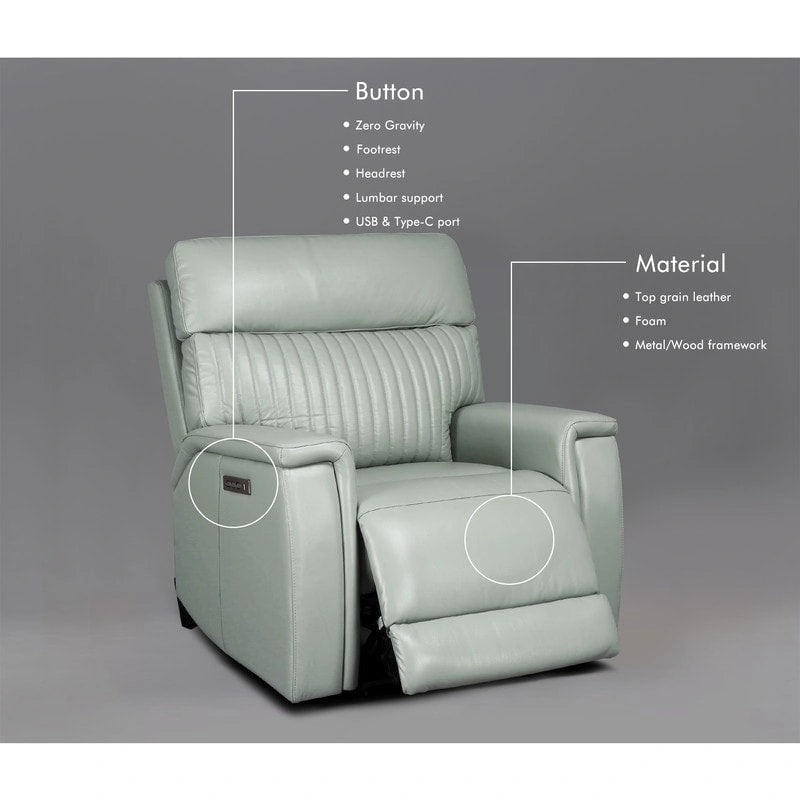 Fauteuil inclinable électrique en cuir avec appuie-tête et support lombaire électriques, port USB et USB-C
