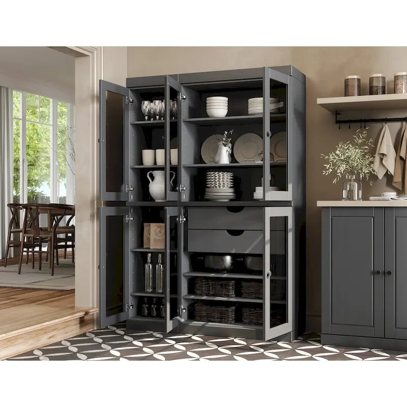 Vaisselier de cuisine 100 % bois massif de 123 cm avec portes en verre transparent, 2 tiroirs et étagères réglables