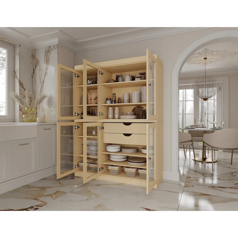 Vaisselier de cuisine 100 % bois massif de 123 cm avec portes en verre transparent, 2 tiroirs et étagères réglables