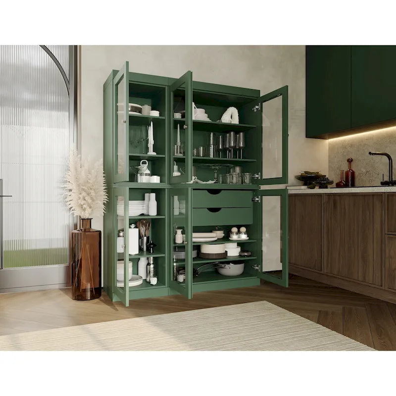 Vaisselier de cuisine 100 % bois massif de 123 cm avec portes en verre transparent, 2 tiroirs et étagères réglables