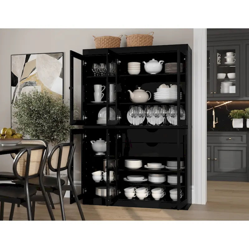Vaisselier de cuisine 100 % bois massif de 123 cm avec portes en verre transparent, 2 tiroirs et étagères réglables
