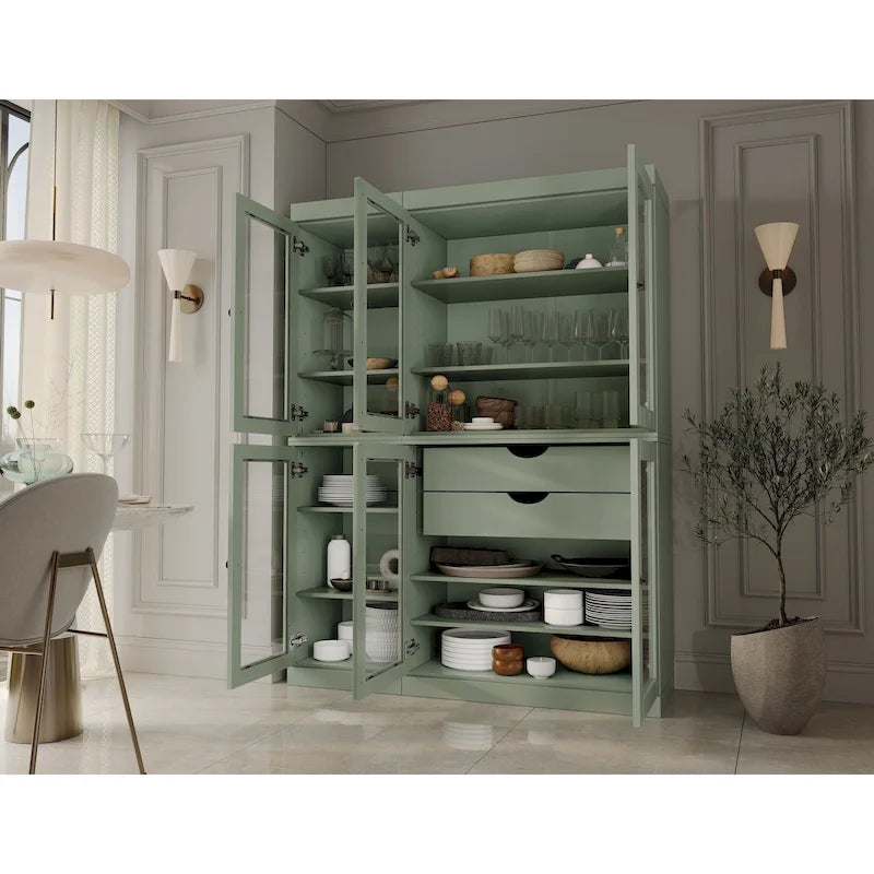 Vaisselier de cuisine 100 % bois massif de 123 cm avec portes en verre transparent, 2 tiroirs et étagères réglables