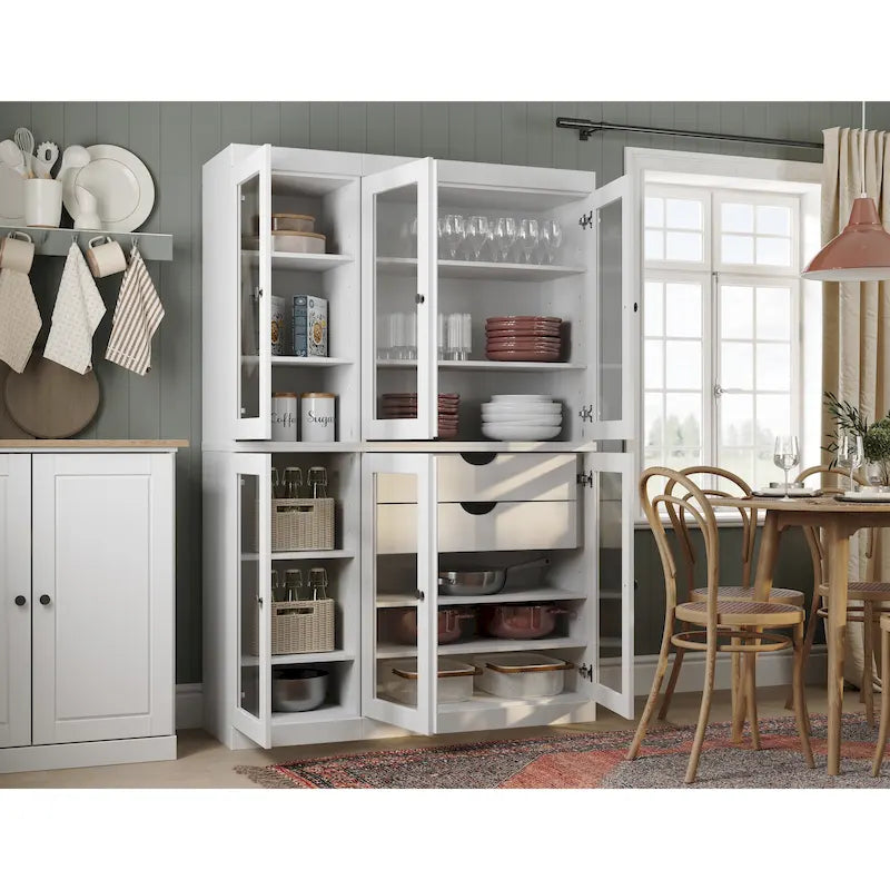 Vaisselier de cuisine 100 % bois massif de 123 cm avec portes en verre transparent, 2 tiroirs et étagères réglables