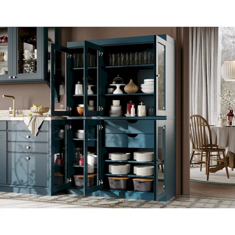 Vaisselier de cuisine 100 % bois massif de 123 cm avec portes en verre transparent, 2 tiroirs et étagères réglables