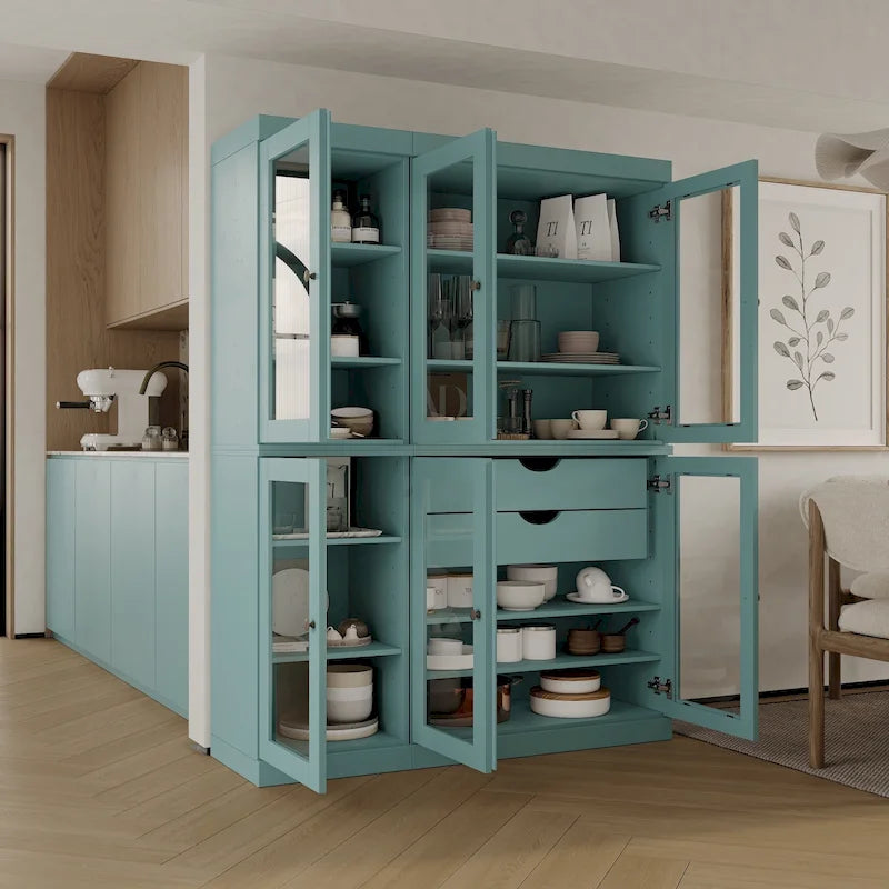 Vaisselier de cuisine 100 % bois massif de 123 cm avec portes en verre transparent, 2 tiroirs et étagères réglables
