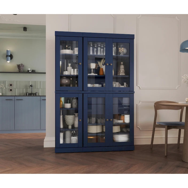 Vaisselier de cuisine 100 % bois massif de 123 cm avec portes en verre transparent, 2 tiroirs et étagères réglables