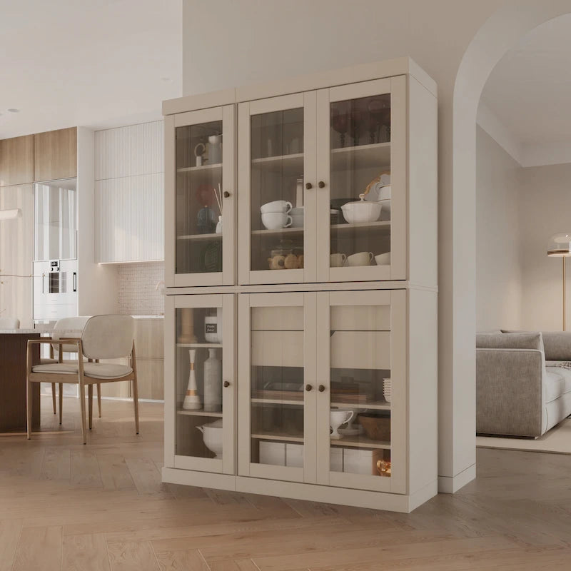 Vaisselier de cuisine 100 % bois massif de 123 cm avec portes en verre transparent, 2 tiroirs et étagères réglables
