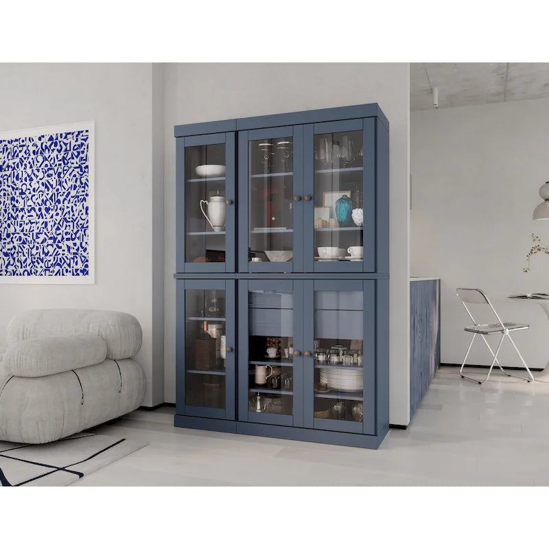 Vaisselier de cuisine 100 % bois massif de 123 cm avec portes en verre transparent, 2 tiroirs et étagères réglables