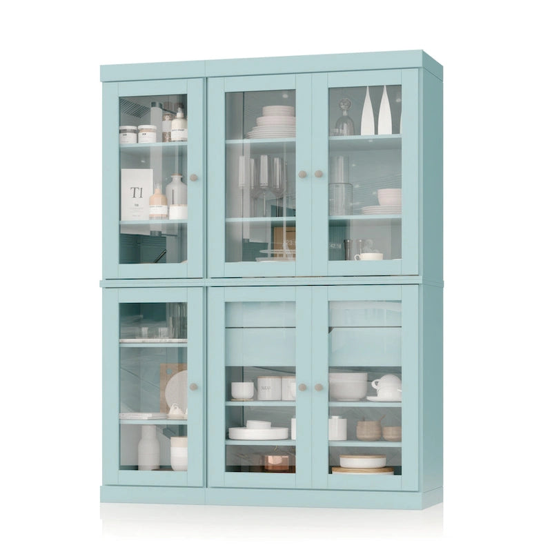 Vaisselier de cuisine 100 % bois massif de 123 cm avec portes en verre transparent, 2 tiroirs et étagères réglables