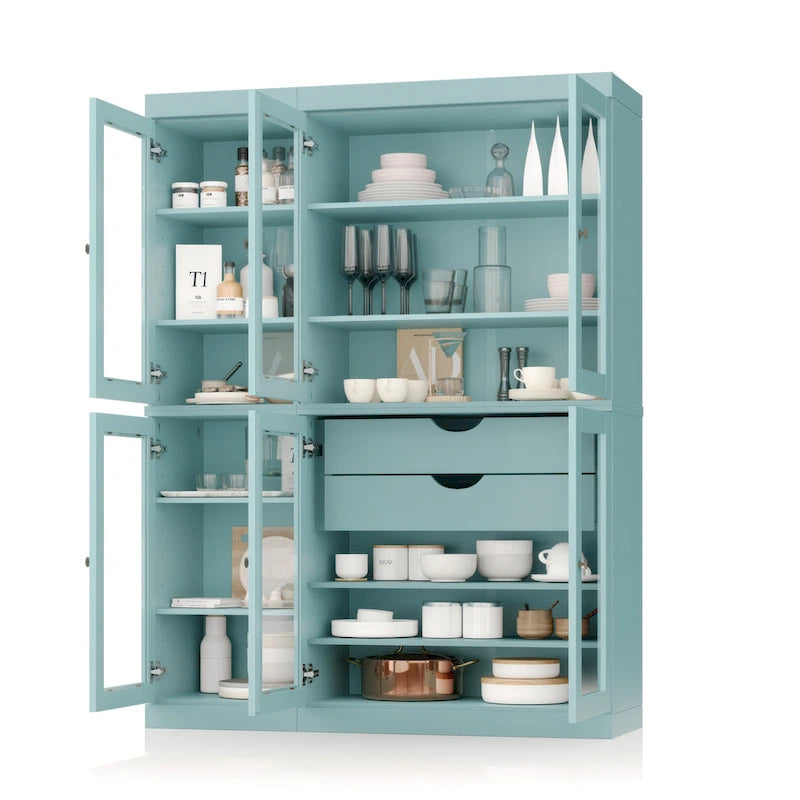 Vaisselier de cuisine 100 % bois massif de 123 cm avec portes en verre transparent, 2 tiroirs et étagères réglables