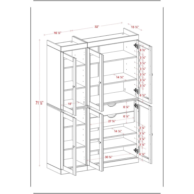 Vaisselier de cuisine 100 % bois massif de 123 cm avec portes en verre transparent, 2 tiroirs et étagères réglables