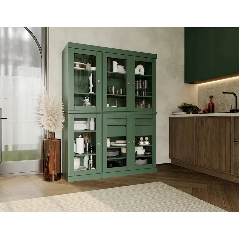 Vaisselier de cuisine 100 % bois massif de 123 cm avec portes en verre transparent, 2 tiroirs et étagères réglables