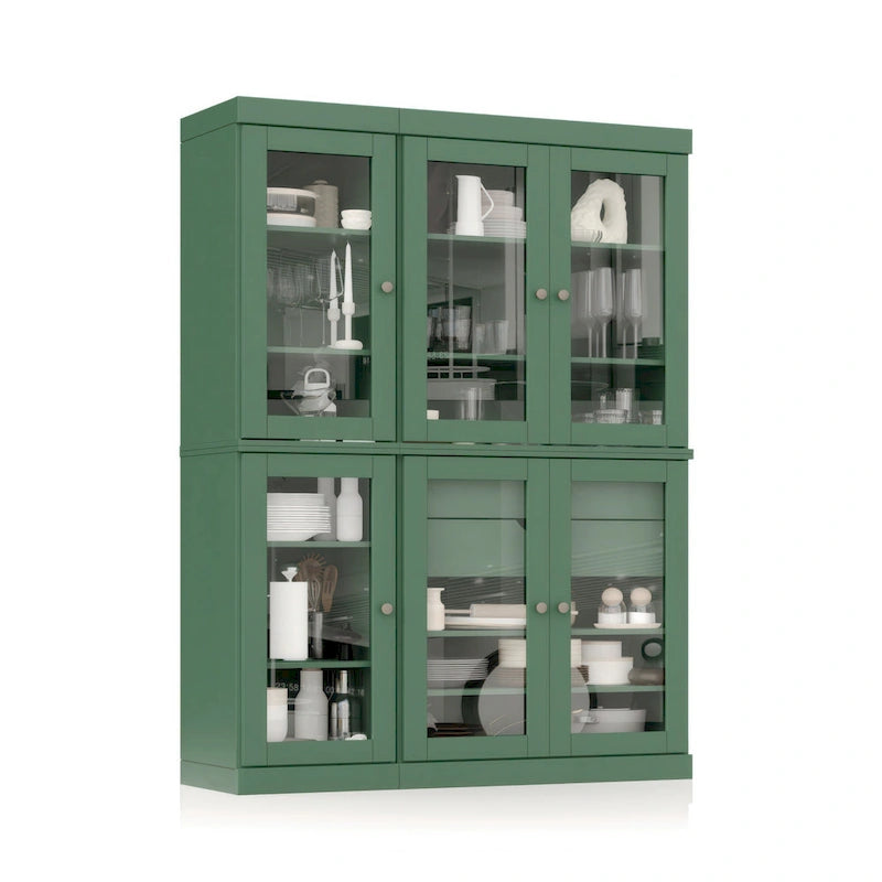 Vaisselier de cuisine 100 % bois massif de 123 cm avec portes en verre transparent, 2 tiroirs et étagères réglables