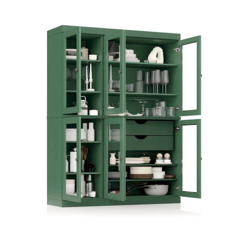 Vaisselier de cuisine 100 % bois massif de 123 cm avec portes en verre transparent, 2 tiroirs et étagères réglables