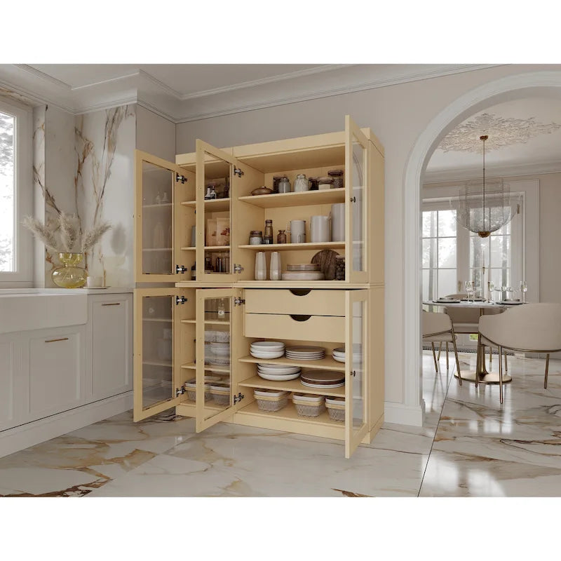 Vaisselier de cuisine 100 % bois massif de 123 cm avec portes en verre transparent, 2 tiroirs et étagères réglables