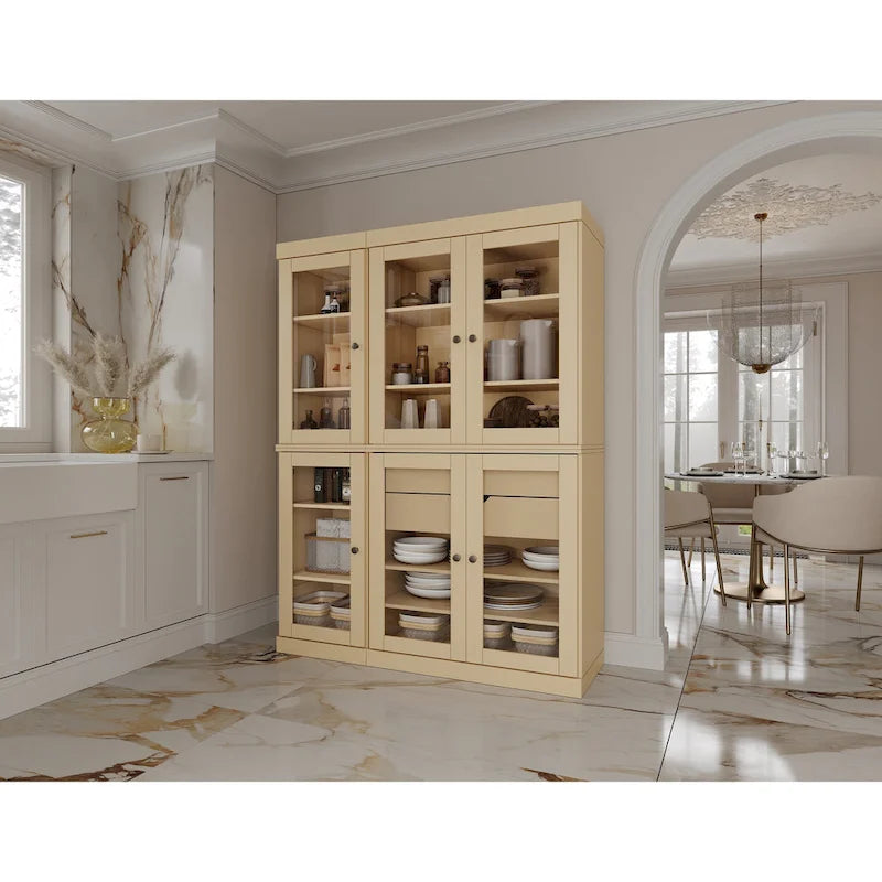 Vaisselier de cuisine 100 % bois massif de 123 cm avec portes en verre transparent, 2 tiroirs et étagères réglables