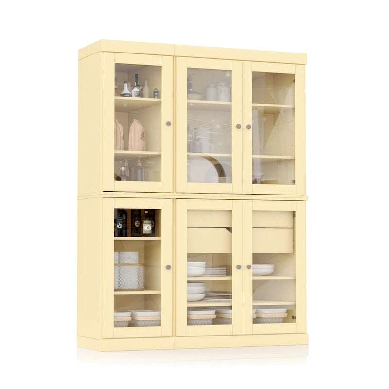 Vaisselier de cuisine 100 % bois massif de 123 cm avec portes en verre transparent, 2 tiroirs et étagères réglables