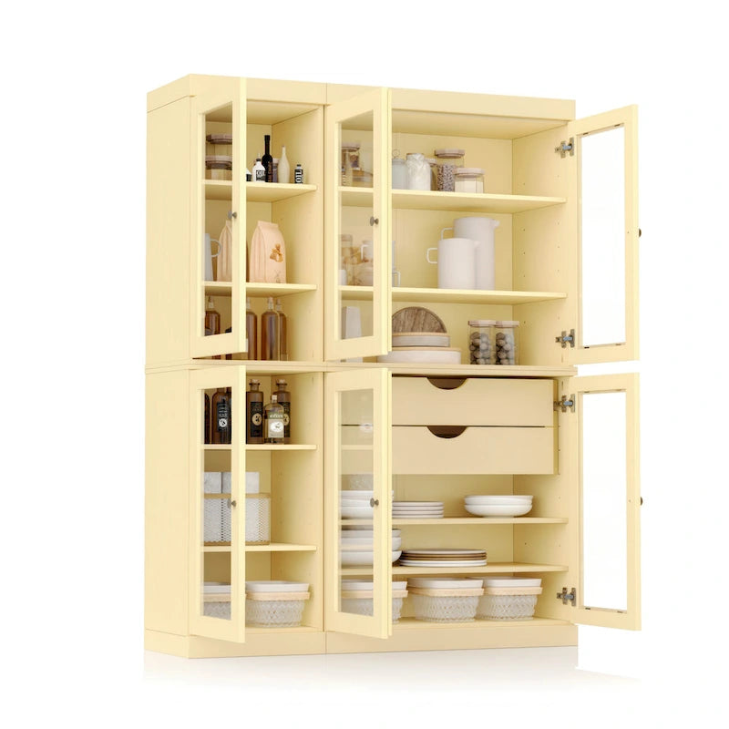 Vaisselier de cuisine 100 % bois massif de 123 cm avec portes en verre transparent, 2 tiroirs et étagères réglables
