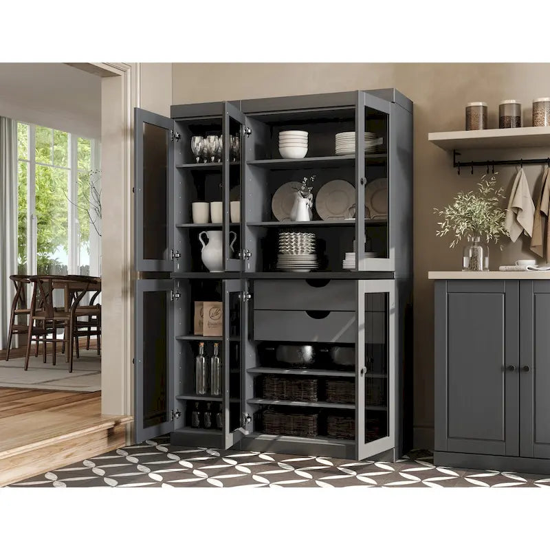 Vaisselier de cuisine 100 % bois massif de 123 cm avec portes en verre transparent, 2 tiroirs et étagères réglables