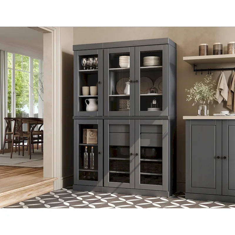 Vaisselier de cuisine 100 % bois massif de 123 cm avec portes en verre transparent, 2 tiroirs et étagères réglables