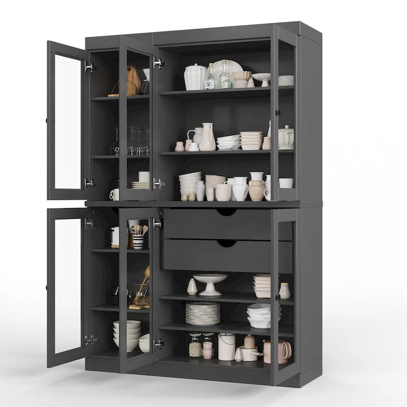 Vaisselier de cuisine 100 % bois massif de 123 cm avec portes en verre transparent, 2 tiroirs et étagères réglables