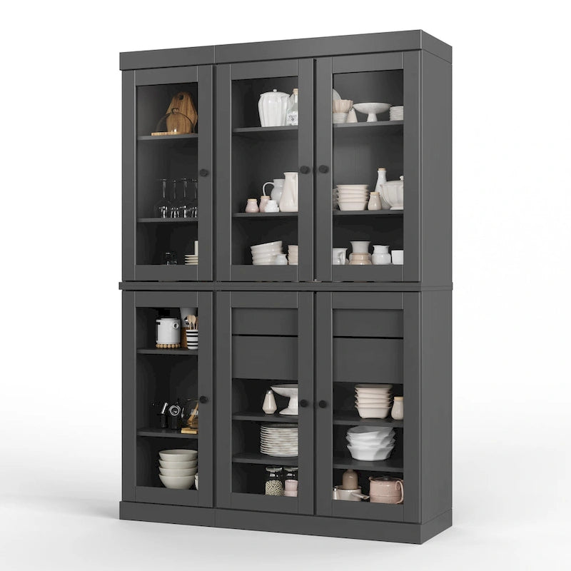 Vaisselier de cuisine 100 % bois massif de 123 cm avec portes en verre transparent, 2 tiroirs et étagères réglables