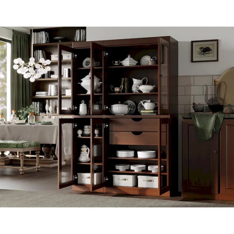 Vaisselier de cuisine 100 % bois massif de 123 cm avec portes en verre transparent, 2 tiroirs et étagères réglables