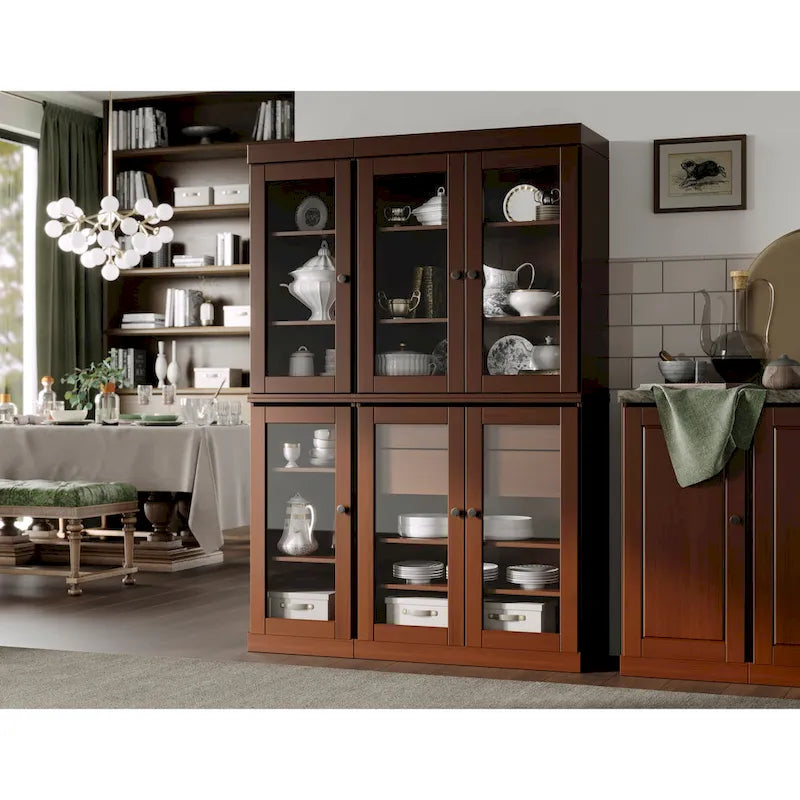 Vaisselier de cuisine 100 % bois massif de 123 cm avec portes en verre transparent, 2 tiroirs et étagères réglables