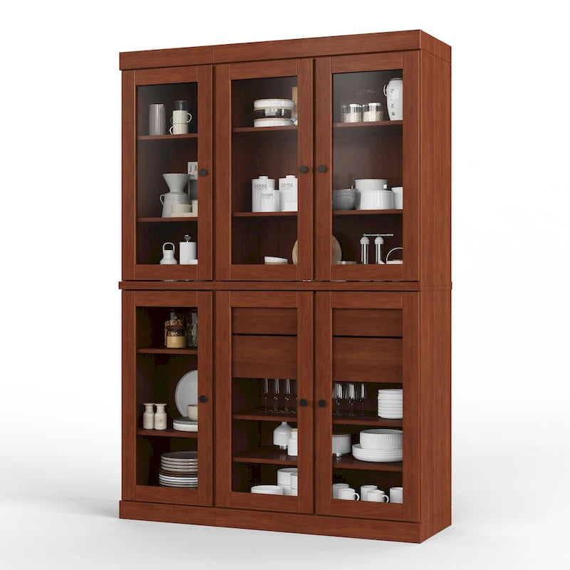 Vaisselier de cuisine 100 % bois massif de 123 cm avec portes en verre transparent, 2 tiroirs et étagères réglables
