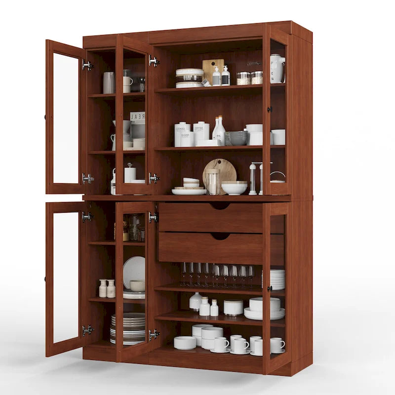 Vaisselier de cuisine 100 % bois massif de 123 cm avec portes en verre transparent, 2 tiroirs et étagères réglables