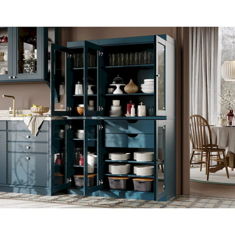 Vaisselier de cuisine 100 % bois massif de 123 cm avec portes en verre transparent, 2 tiroirs et étagères réglables