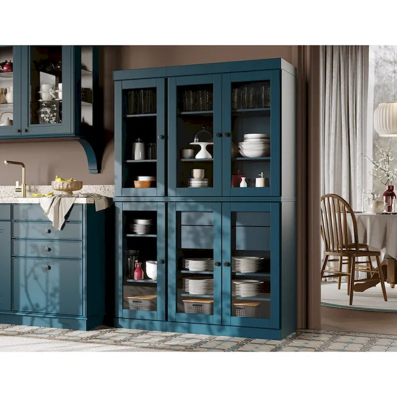 Vaisselier de cuisine 100 % bois massif de 123 cm avec portes en verre transparent, 2 tiroirs et étagères réglables