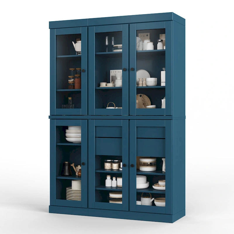 Vaisselier de cuisine 100 % bois massif de 123 cm avec portes en verre transparent, 2 tiroirs et étagères réglables