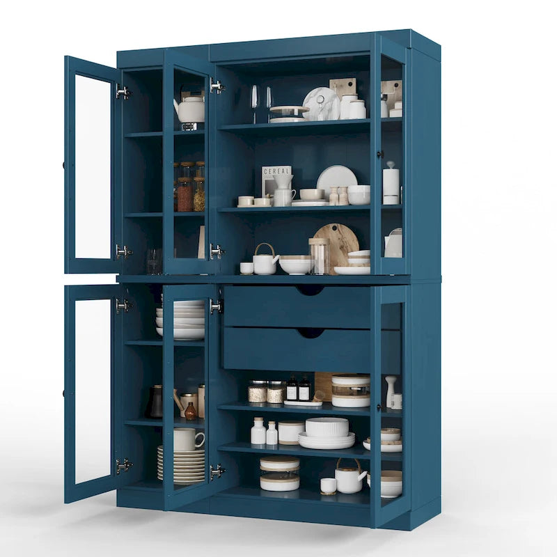 Vaisselier de cuisine 100 % bois massif de 123 cm avec portes en verre transparent, 2 tiroirs et étagères réglables