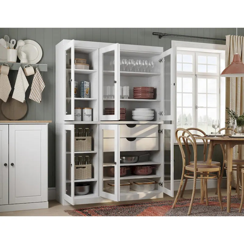 Vaisselier de cuisine 100 % bois massif de 123 cm avec portes en verre transparent, 2 tiroirs et étagères réglables