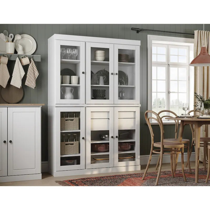 Vaisselier de cuisine 100 % bois massif de 123 cm avec portes en verre transparent, 2 tiroirs et étagères réglables
