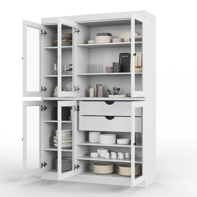 Vaisselier de cuisine 100 % bois massif de 123 cm avec portes en verre transparent, 2 tiroirs et étagères réglables