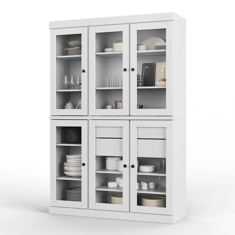 Vaisselier de cuisine 100 % bois massif de 123 cm avec portes en verre transparent, 2 tiroirs et étagères réglables
