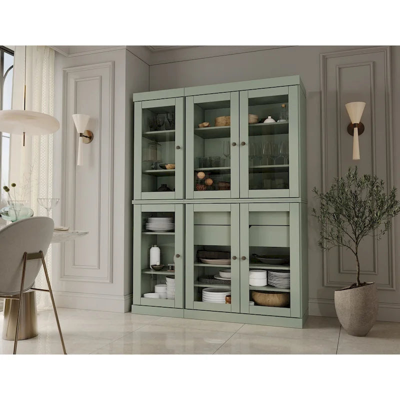 Vaisselier de cuisine 100 % bois massif de 123 cm avec portes en verre transparent, 2 tiroirs et étagères réglables
