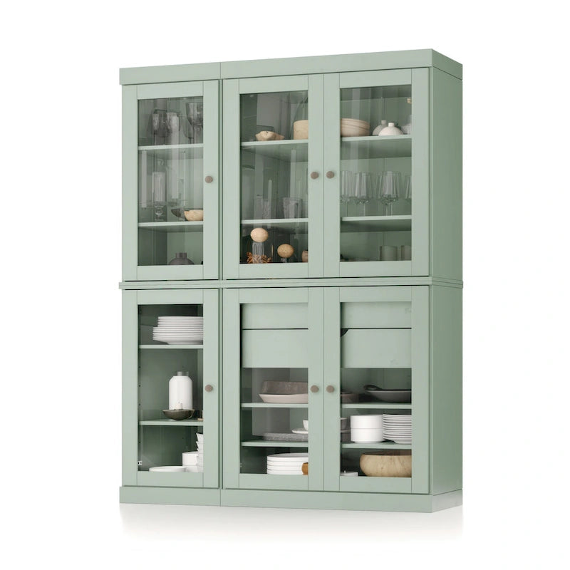 Vaisselier de cuisine 100 % bois massif de 123 cm avec portes en verre transparent, 2 tiroirs et étagères réglables