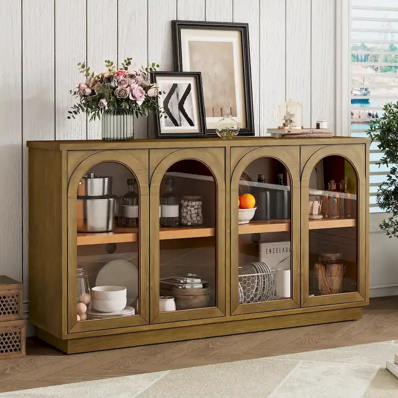 Buffet de rangement 4 portes avec portes en verre arquées et étagères réglables
