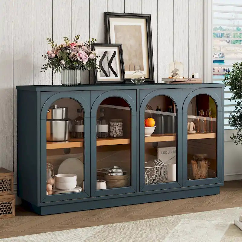 Buffet de rangement 4 portes avec portes en verre arquées et étagères réglables