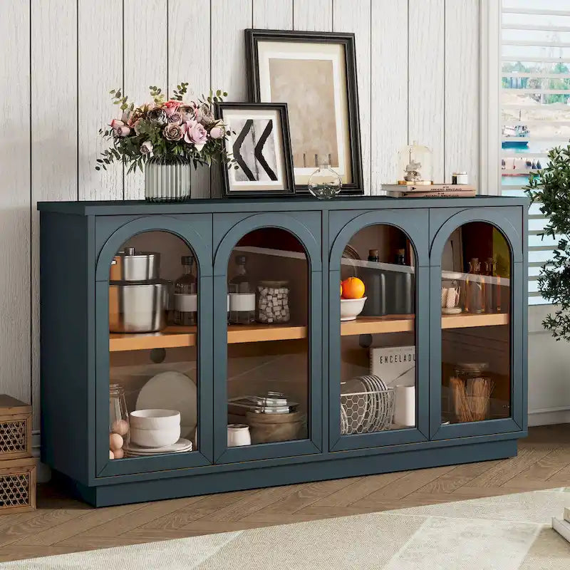 Buffet de rangement 4 portes avec portes en verre arquées et étagères réglables