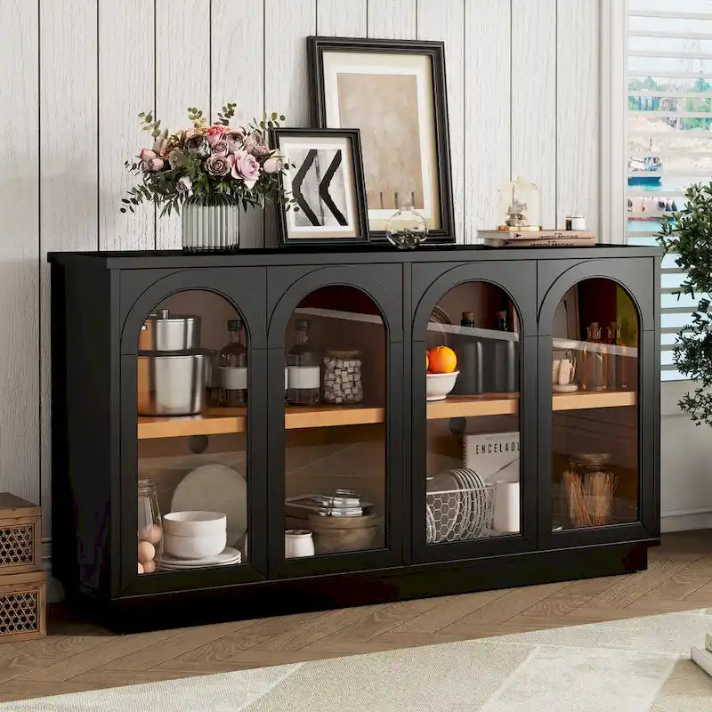 Buffet de rangement 4 portes avec portes en verre arquées et étagères réglables