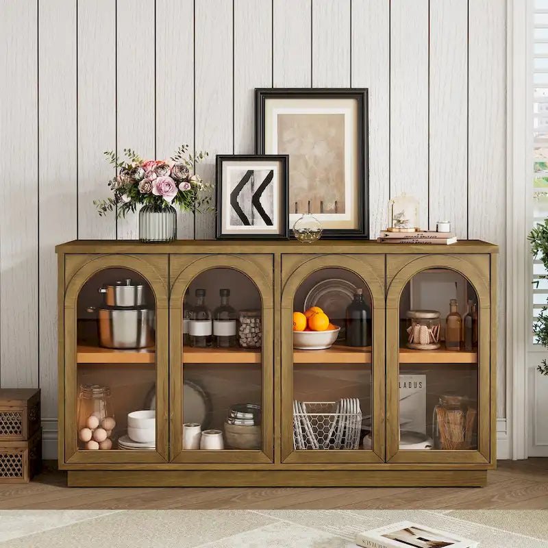 Buffet de rangement 4 portes avec portes en verre arquées et étagères réglables