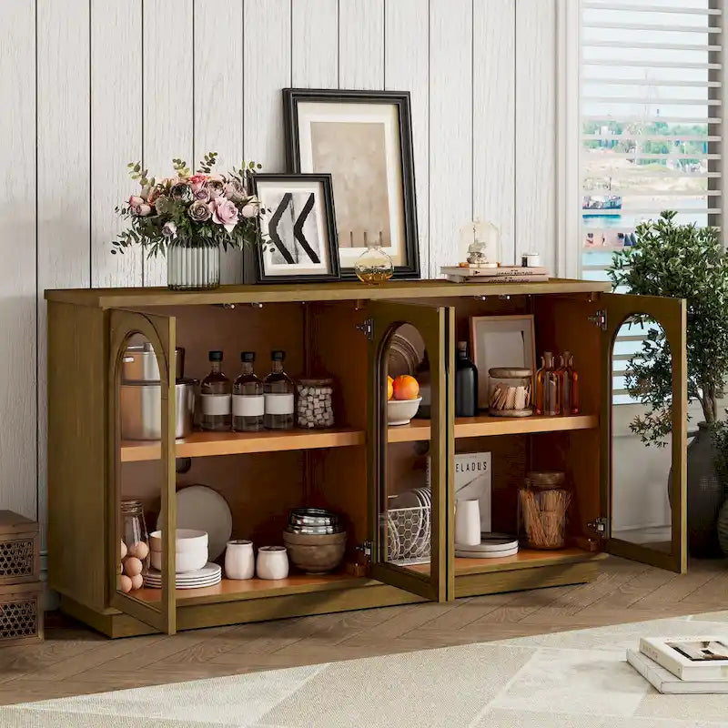 Buffet de rangement 4 portes avec portes en verre arquées et étagères réglables